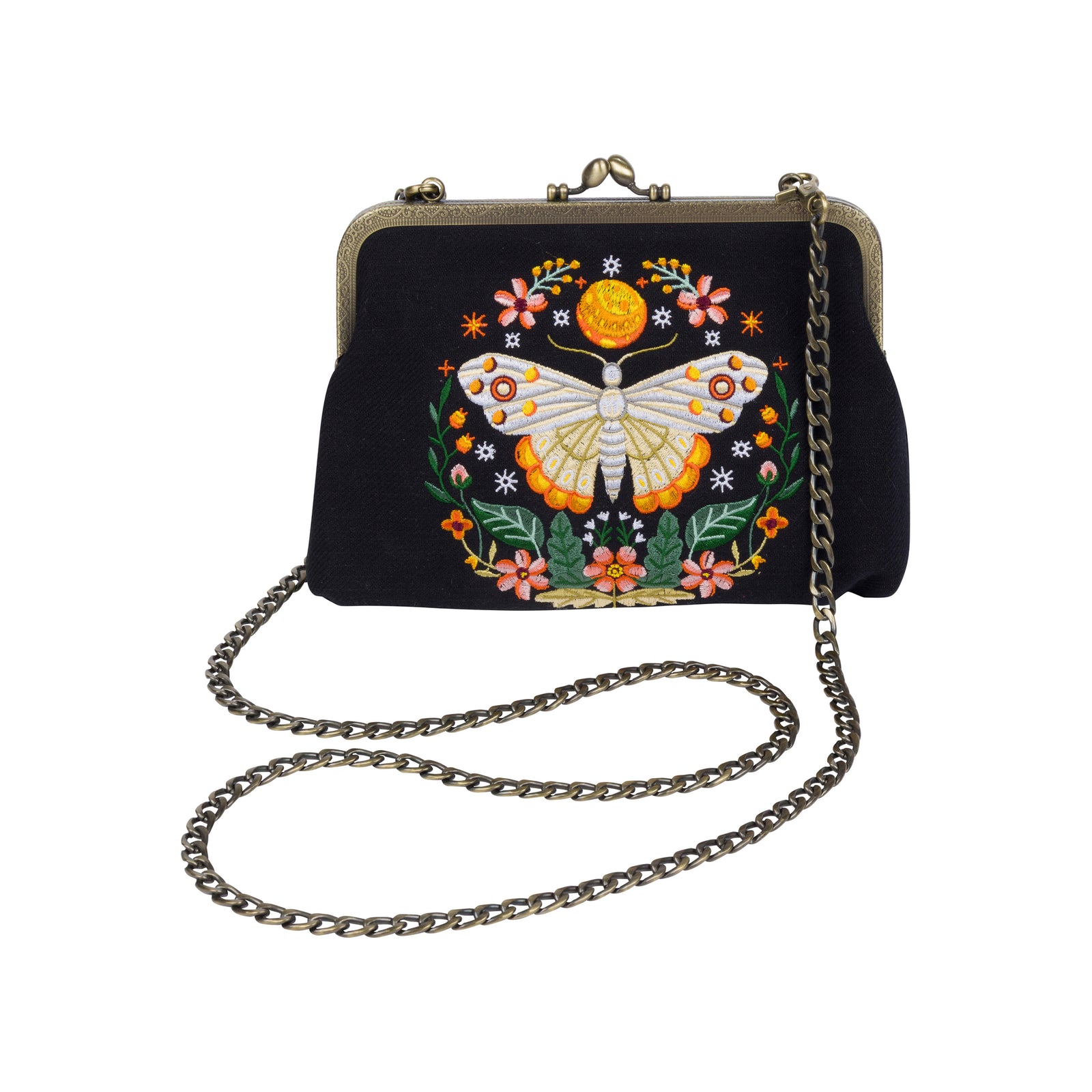 Black fabric kiss-lock clutch bag with an antique gold-tone metal frame and a long chain strap. The front is decorated with a large, colorful embroidered moth surrounded by flowers and green leaves.