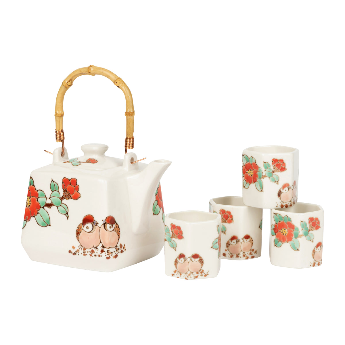 A ceramic tea set on a white background, featuring a white teapot with a bamboo-style handle and four matching cups decorated with red flowers and brown bird motifs.