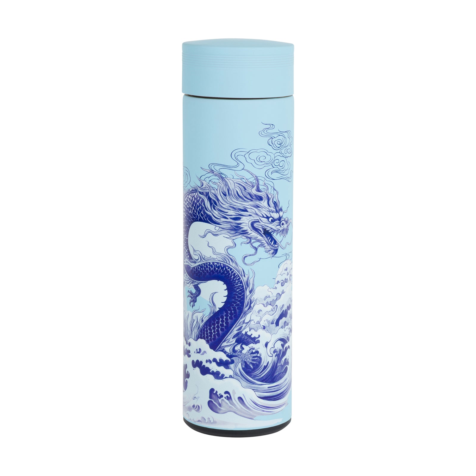 A light blue insulated water bottle with a matching lid, featuring a detailed blue dragon and wave design printed on the front, set against a plain white background.