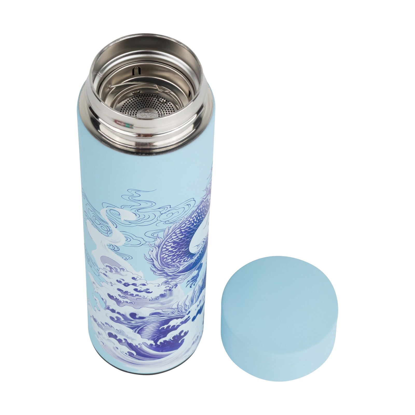A light blue insulated water bottle with a matching lid, featuring a detailed blue dragon and wave design printed on the front, set against a plain white background.