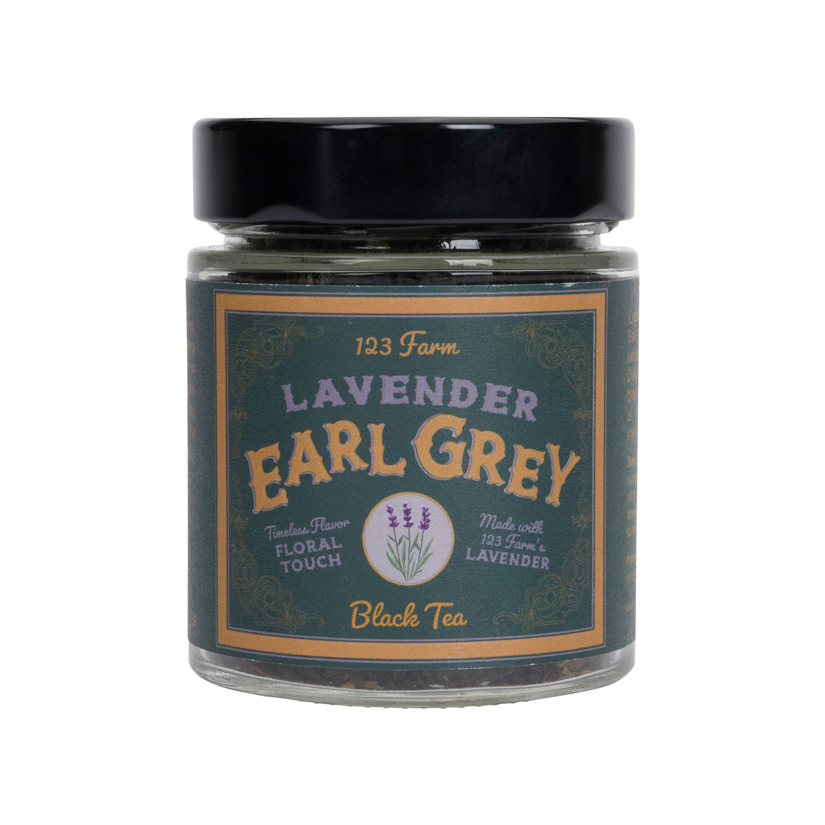 Glass jar of Lavender earl grey tea with a vintage style label on a white background.