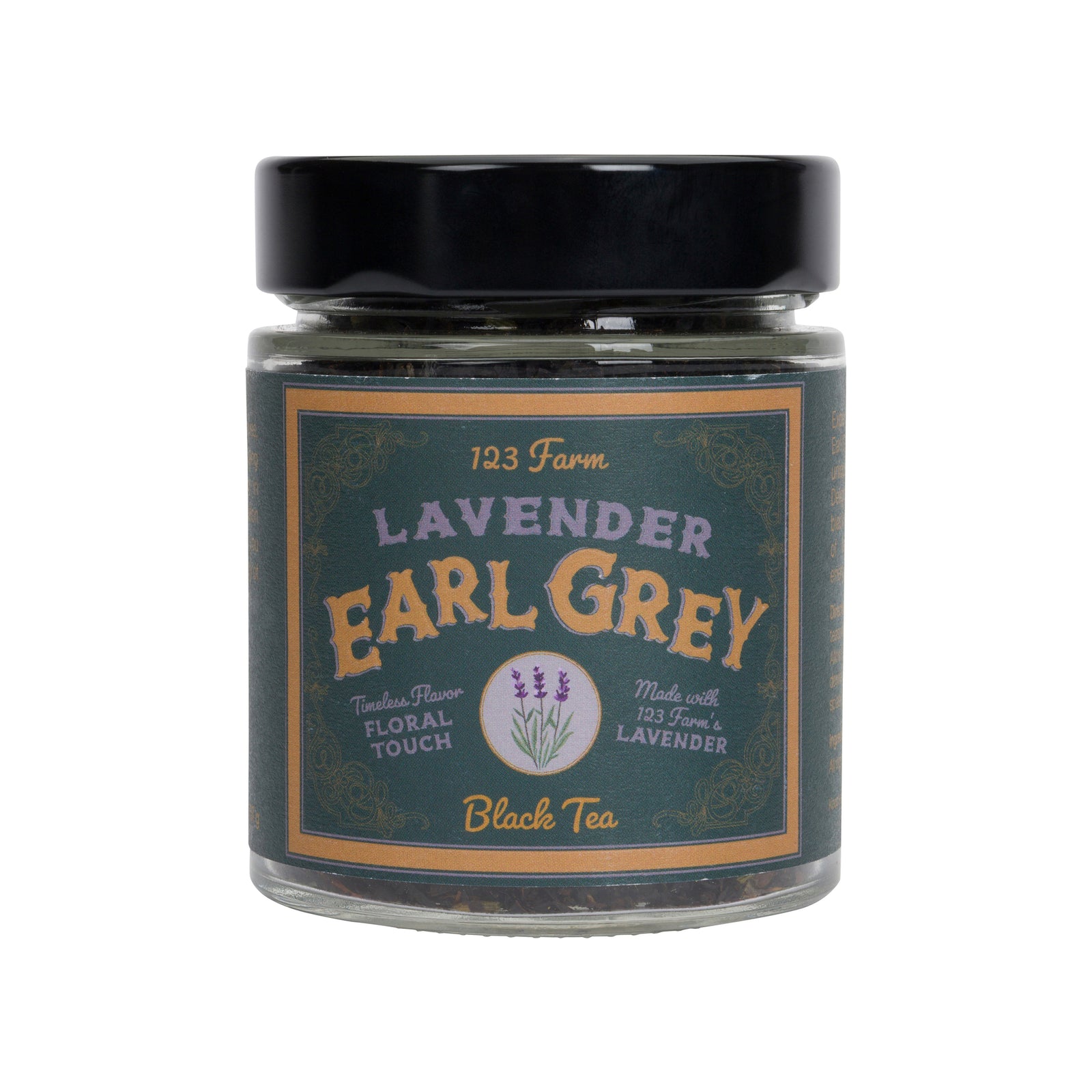 Glass jar of Lavender earl grey tea with a vintage style label on a white background.