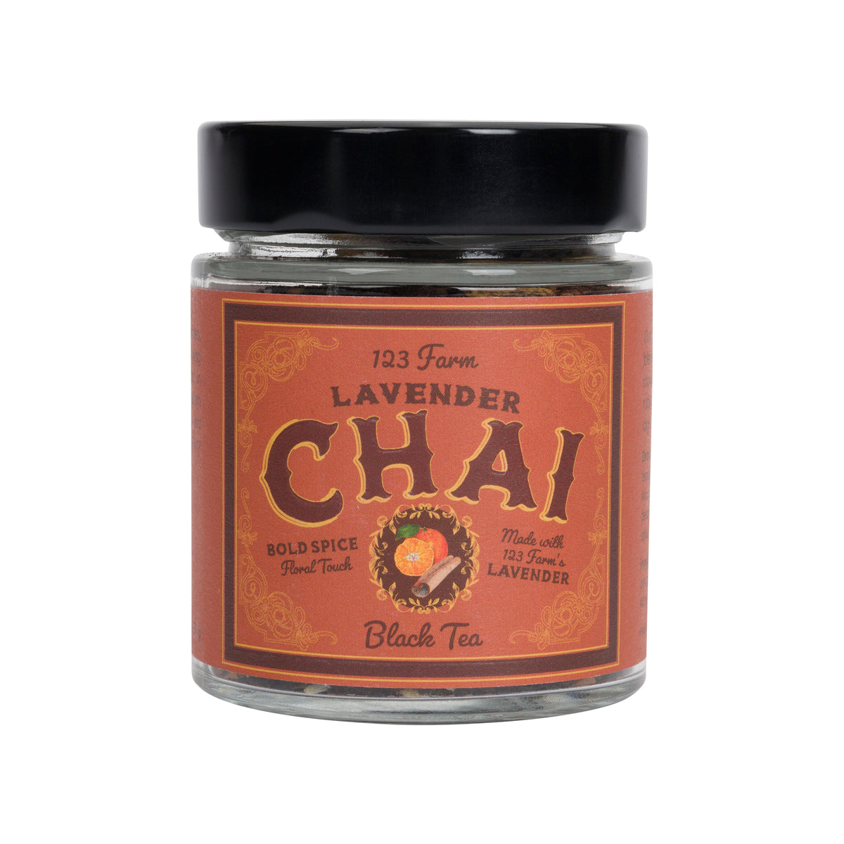 A glass jar of Lavender Chai Black Tea with a black lid and a brown label, shown on a plain white background.