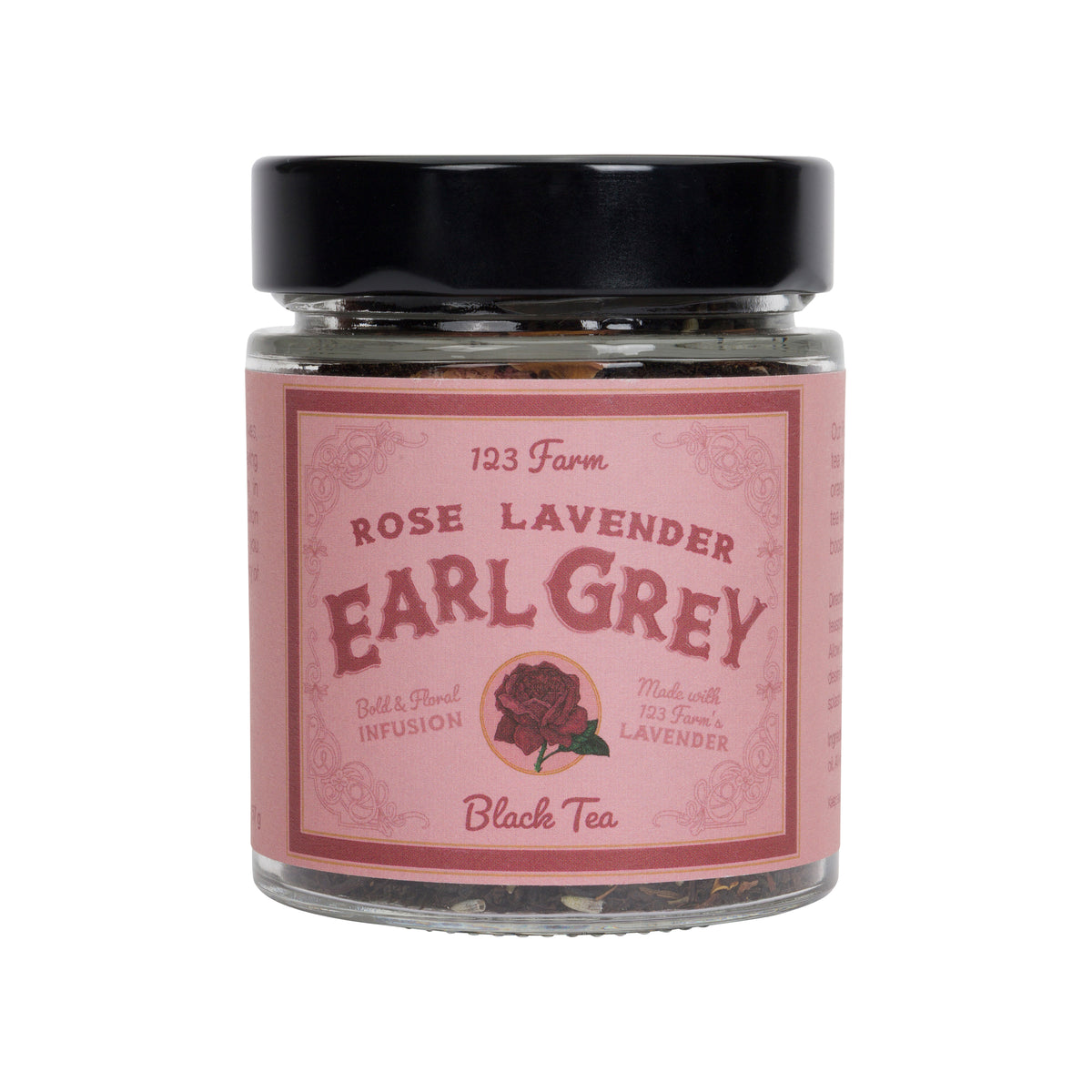 Glass jar of Rose Lavender Earl Grey tea with a pink, vintage style label on a white background.