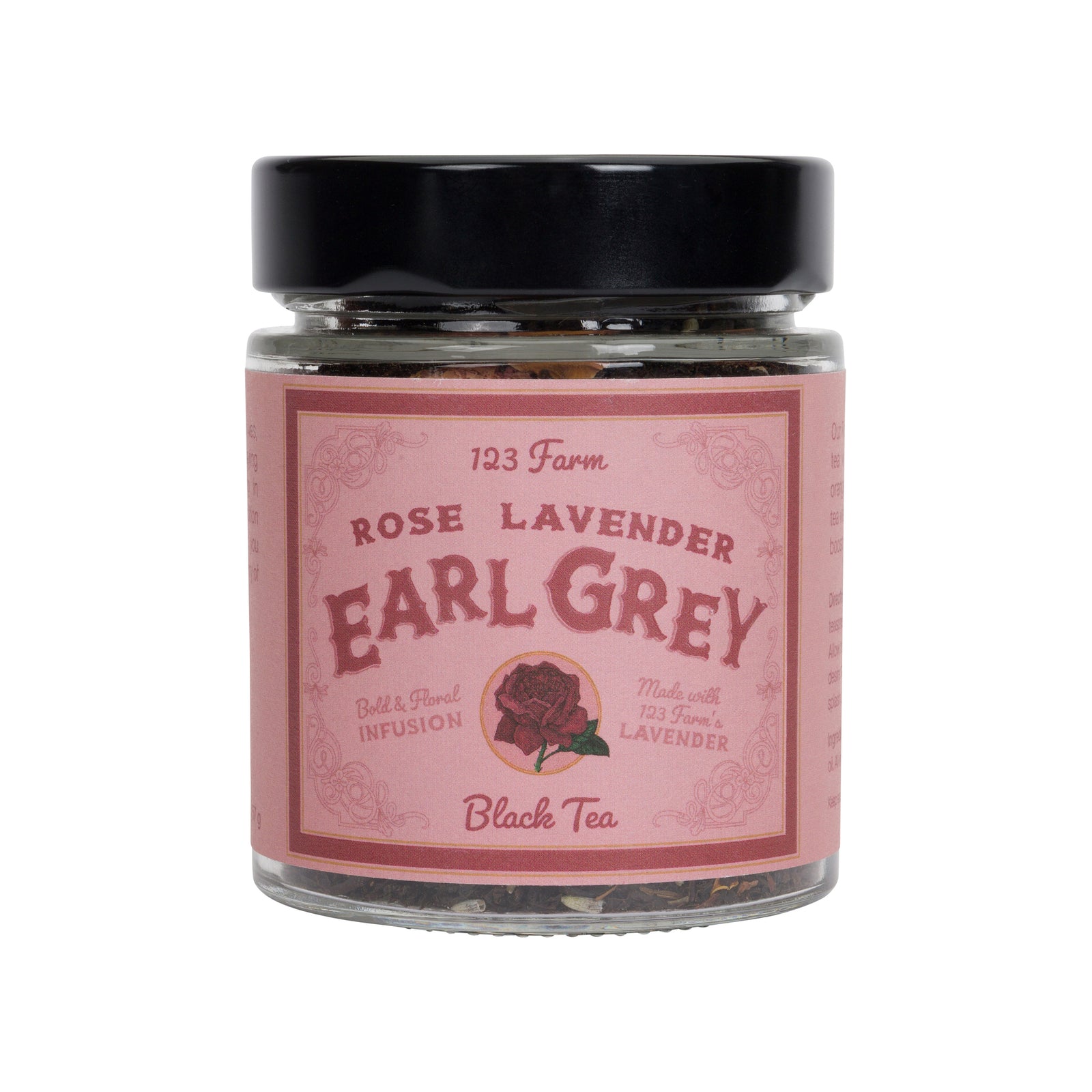 Glass jar of Rose Lavender Earl Grey tea with a pink, vintage style label on a white background.