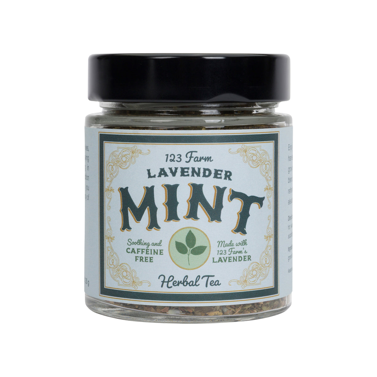 Glass jar of Lavender Mint tea with a vintage style pale blue label on a white background.