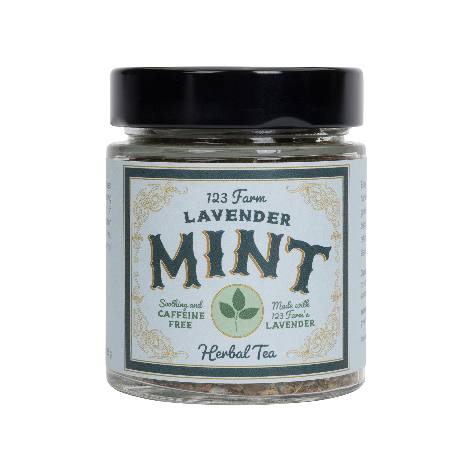 Glass jar of Lavender Mint tea with a vintage style pale blue label on a white background.