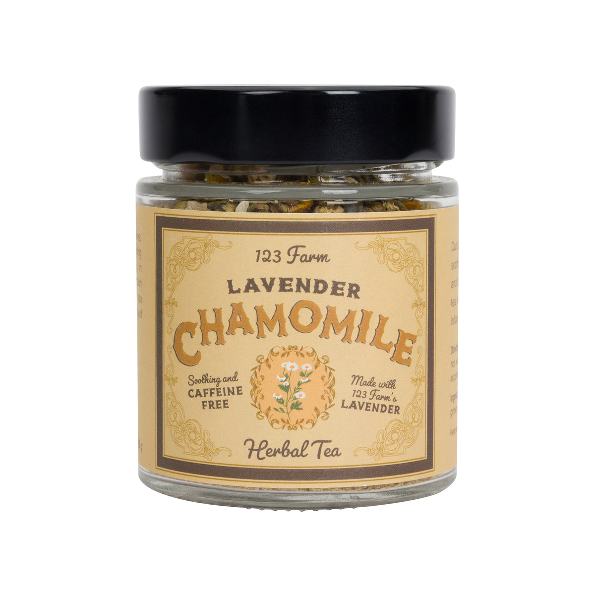 A small glass jar of Lavender Chamomile Herbal Tea by 123 Farm, featuring a black lid and a vintage-style tan label with brown lettering.