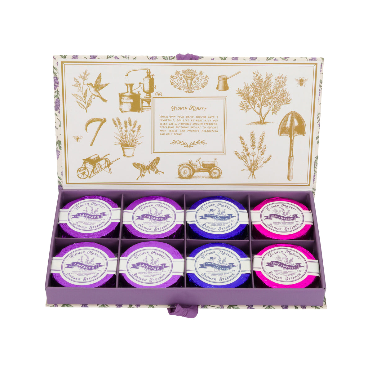 Lavender and Vanilla shower steamer gift box with a purple floral pattern, a cream-colored label, and a purple satin ribbon bow, shown on a plain white background.