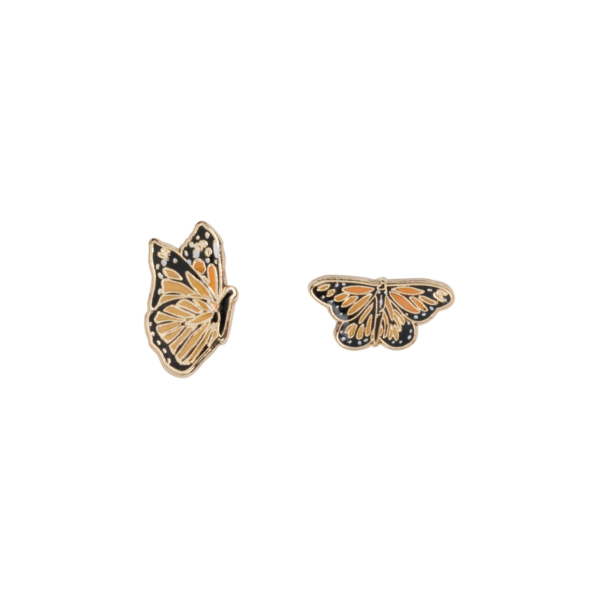 A pair of butterfly-shaped stud earrings with gold-tone metal borders and orange, black, and white wing patterns, displayed on a clean white background.