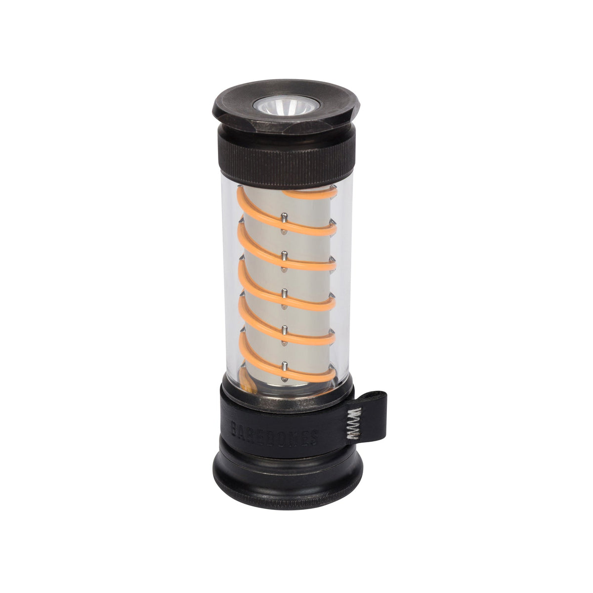 A cylindrical camping lantern with a clear body showing orange LED light strips inside, finished with black top and bottom caps and a small side switch, photographed on a plain white background.