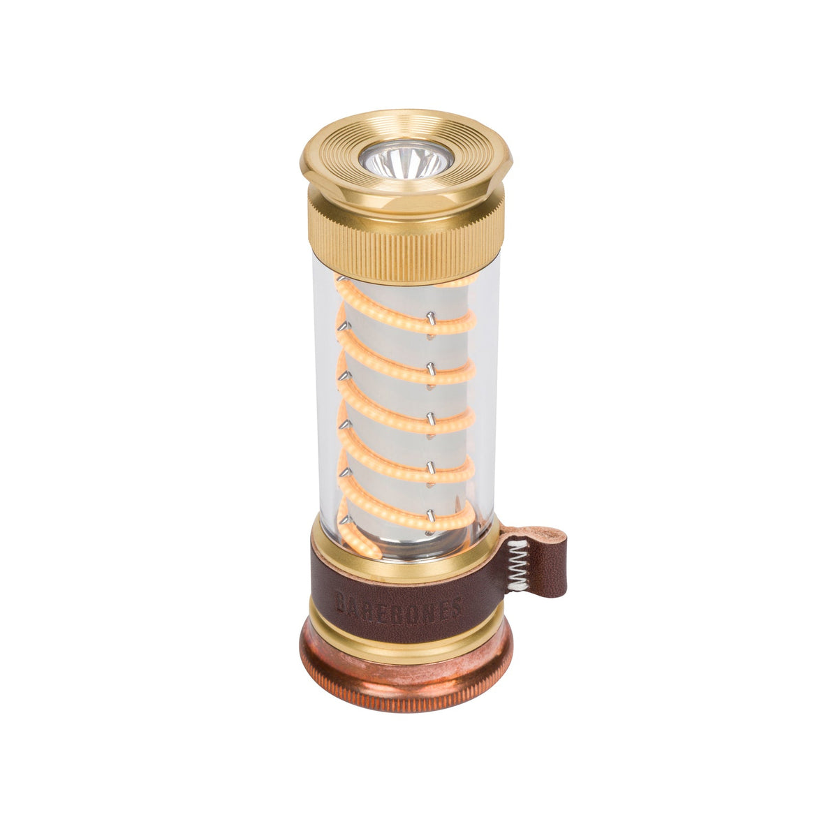 A vintage-style pocket lantern with a clear glass body, coiled copper wire inside, brass-toned metal top and bottom, and a small brown leather strap with a spring-loaded clasp, shown on a plain white background.