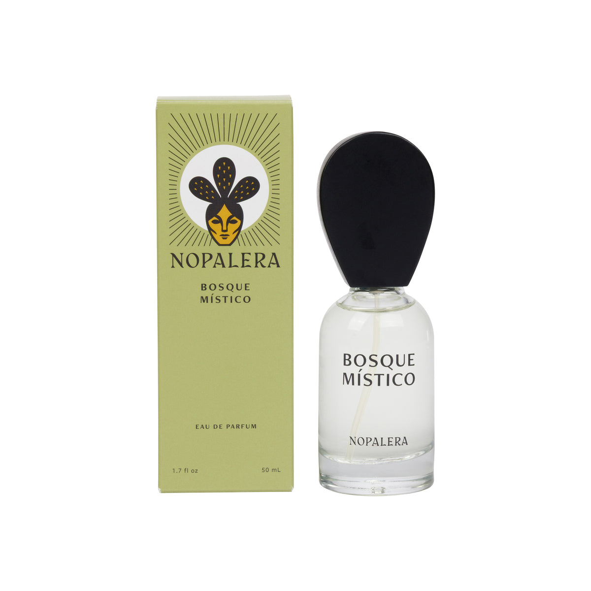 Nopalera Bosque Místico Eau de Parfum shown with its light olive-green packaging box and the clear glass perfume bottle with a black cap, on a plain white background.