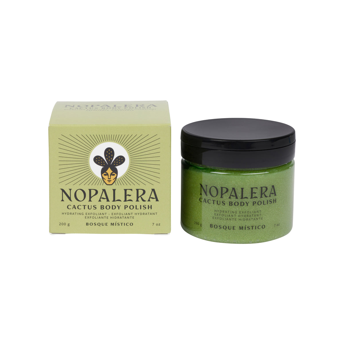 Nopalera Cactus Body Polish in a green jar with a black lid next to its light green box packaging, on a white background.