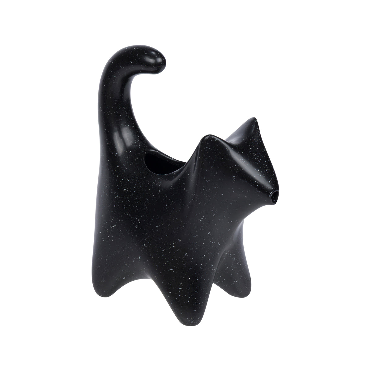 A black speckled ceramic cat-shaped planter with a curved tail, shown on a plain white background.
