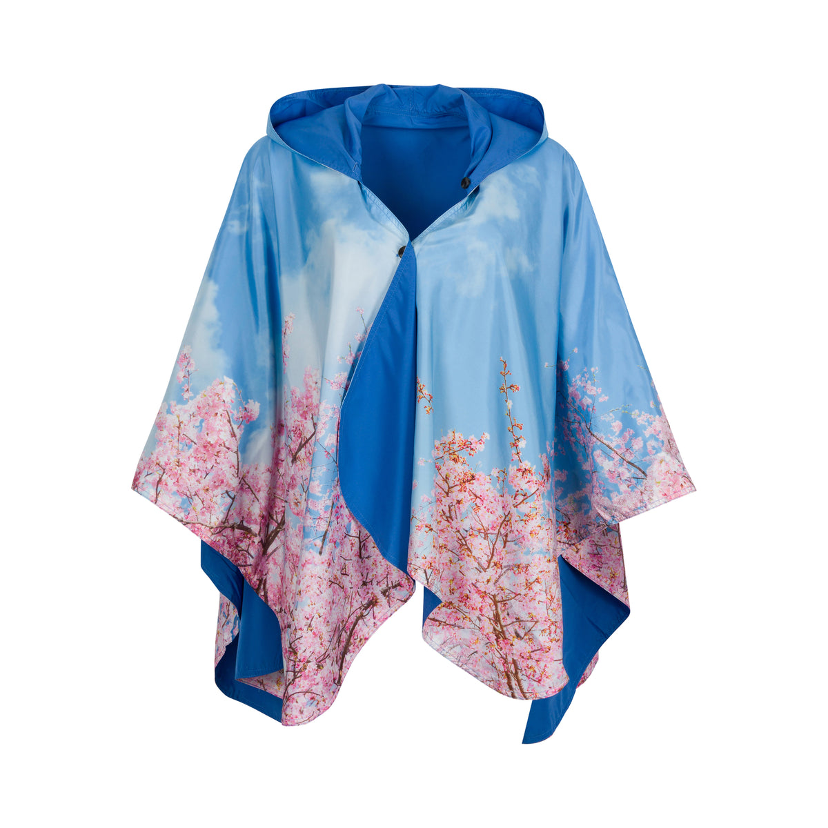 A hooded poncho-style raincoat with a blue sky and pink cherry blossom print, shown against a plain white background.