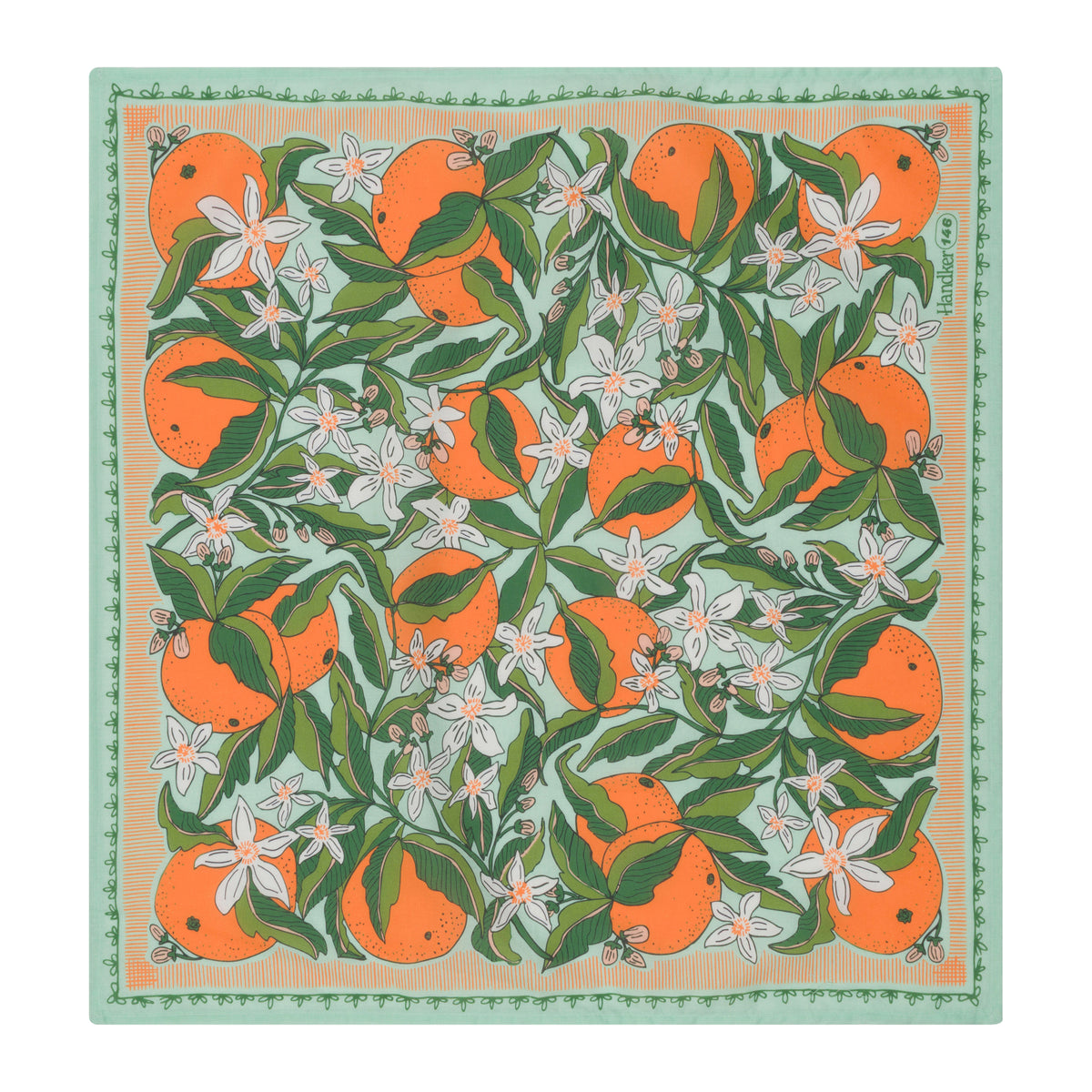 A square cotton bandana scarf featuring an orange and citrus pattern on a light mint green background, with a decorative border.