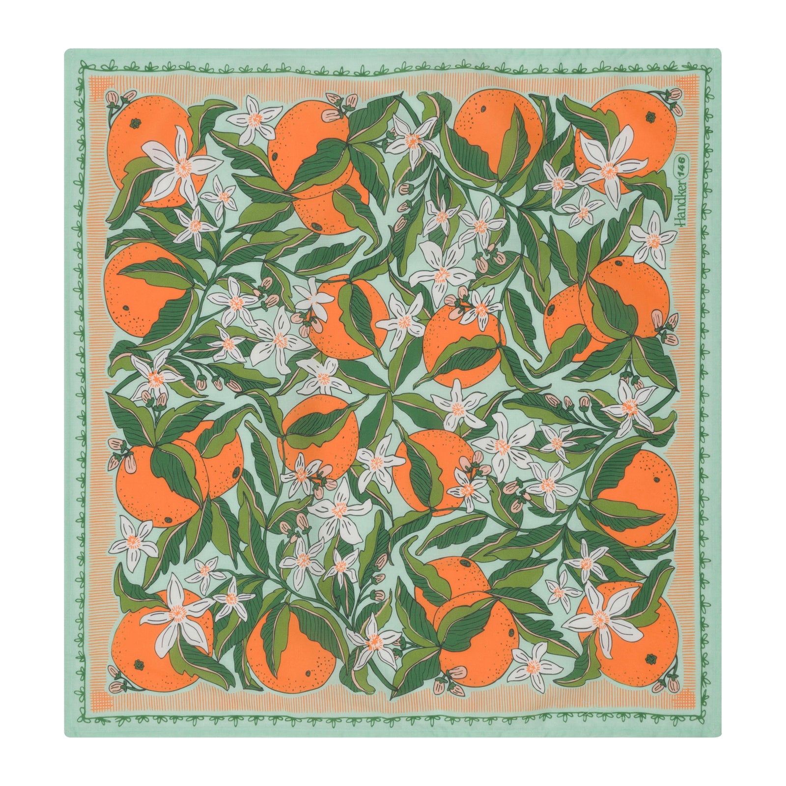 A square cotton bandana scarf featuring an orange and citrus pattern on a light mint green background, with a decorative border.