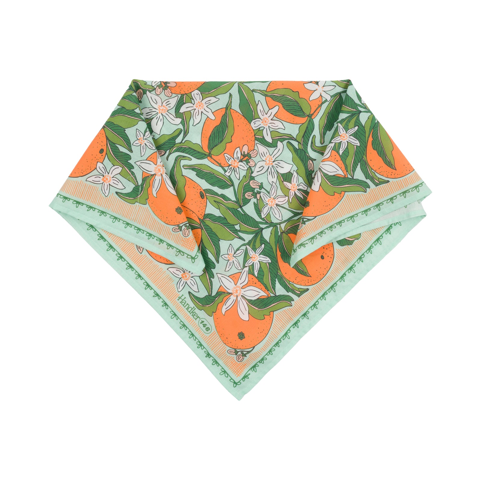A square cotton bandana scarf featuring an orange and citrus pattern on a light mint green background, with a decorative border.