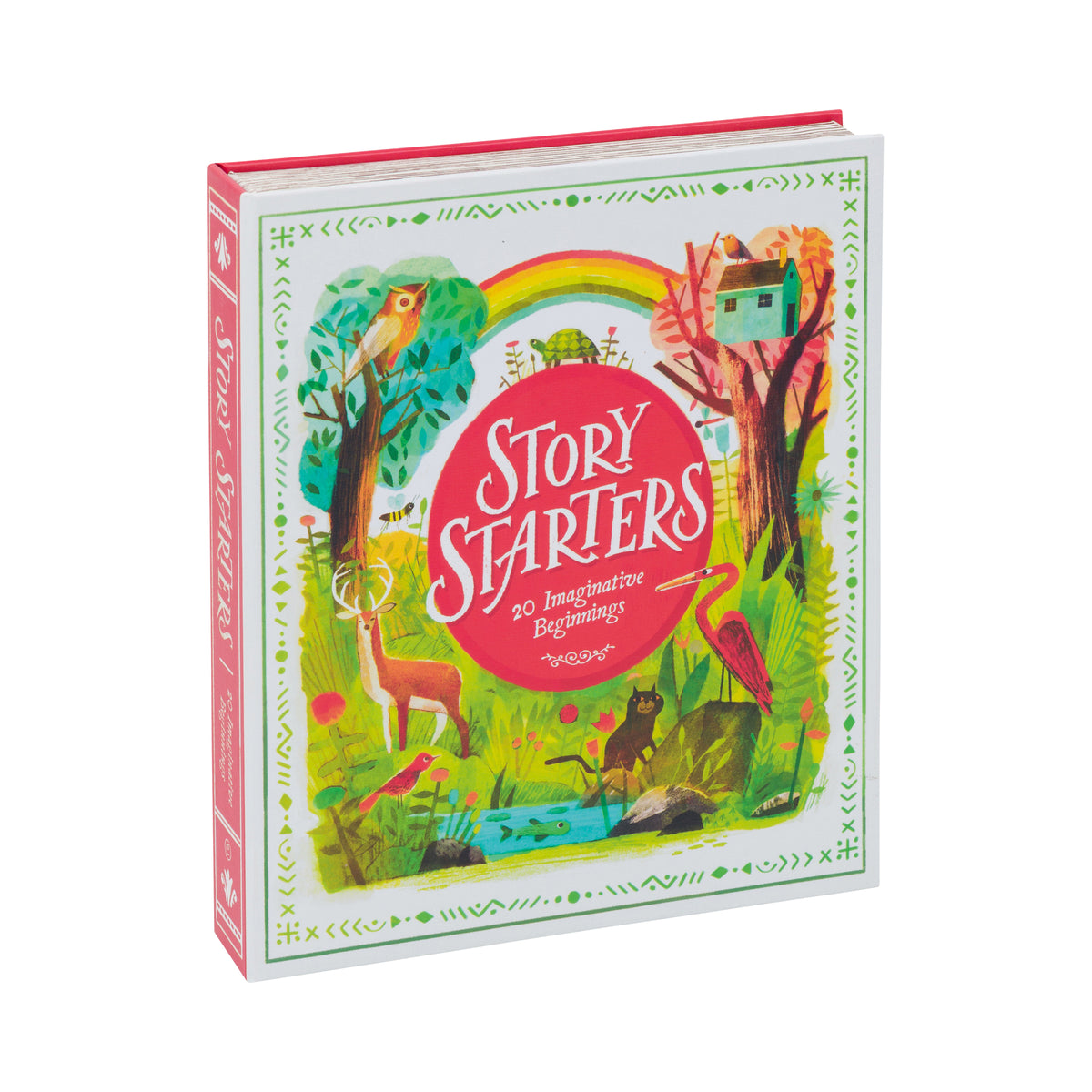Story Starters: 30 imaginative beginnings book, featuring a colorful illustrated cover with a rainbow, forest animals, and a red title circle on a white background.