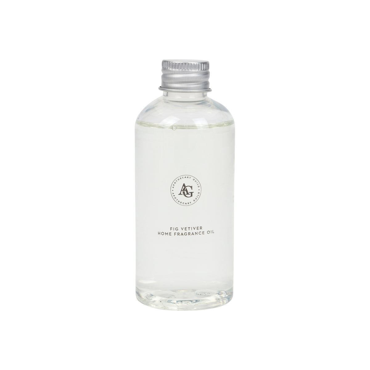 A clear glass bottle of fig vethier home fragrance oil with a silver metal cap, shown against a plain white background.