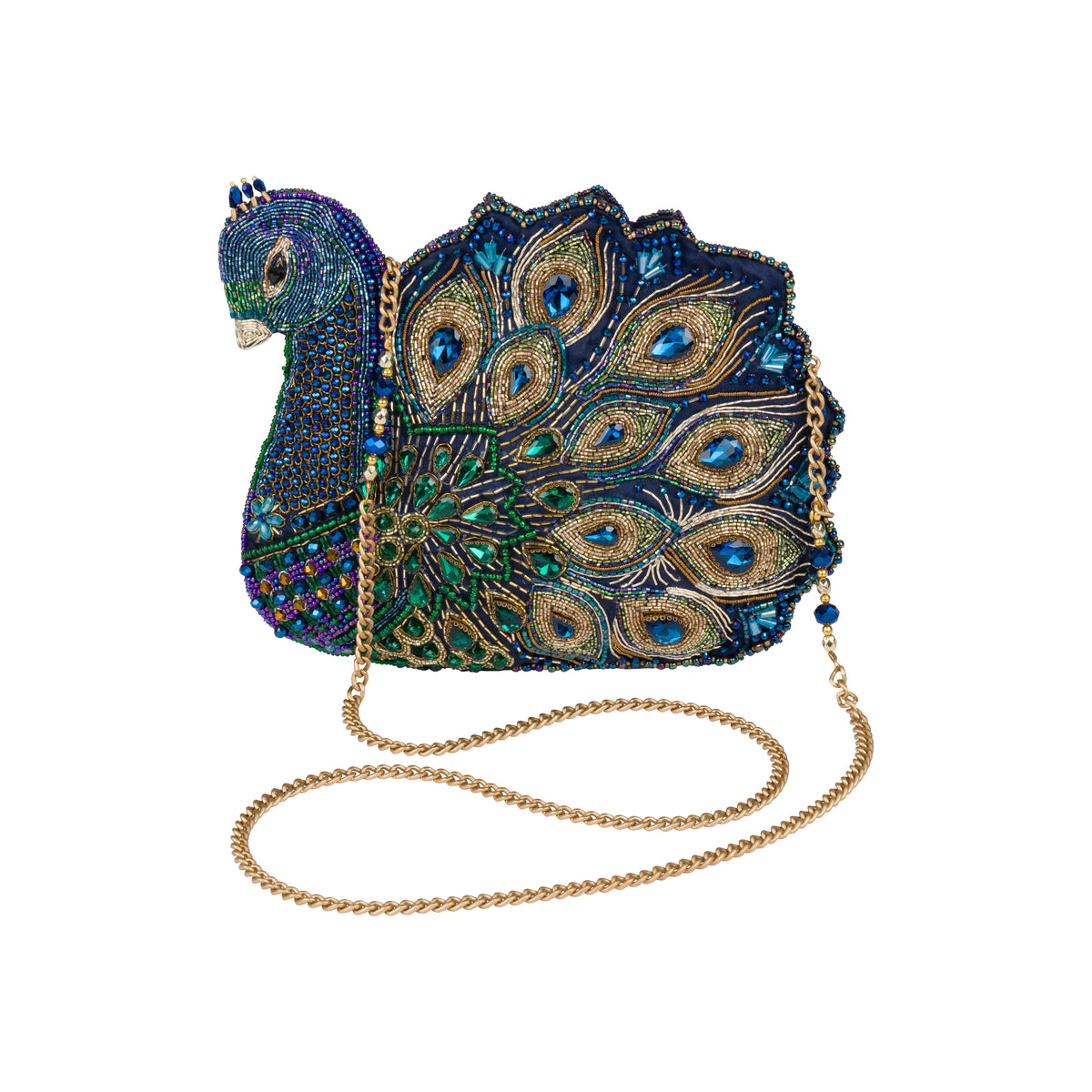 A beaded peacock-shaped evening clutch bag with a gold chain strap, featuring intricate blue, green, and gold beadwork on a white background.