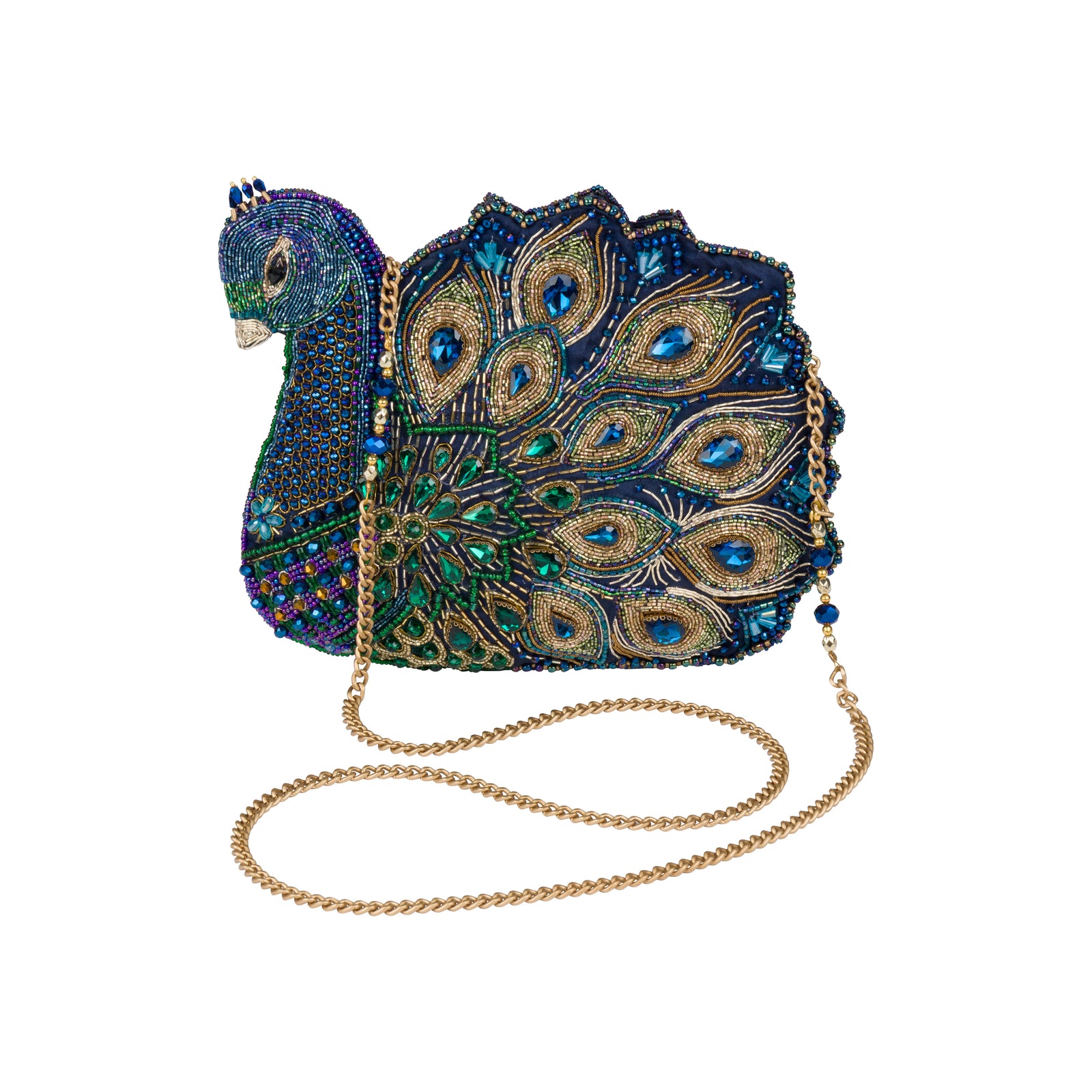 A beaded peacock-shaped evening clutch bag with a gold chain strap, featuring intricate blue, green, and gold beadwork on a white background.