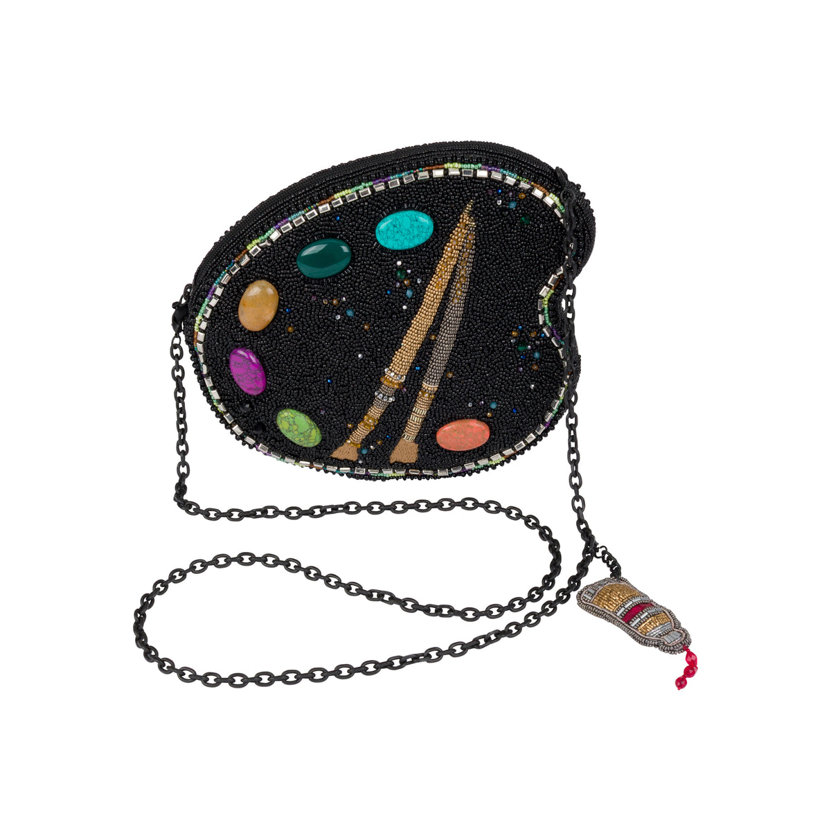 A black beaded shoulder bag featuring a colorful space-themed design with planets, stars, and a rocket ship, complete with a silver chain strap and a decorative charm.