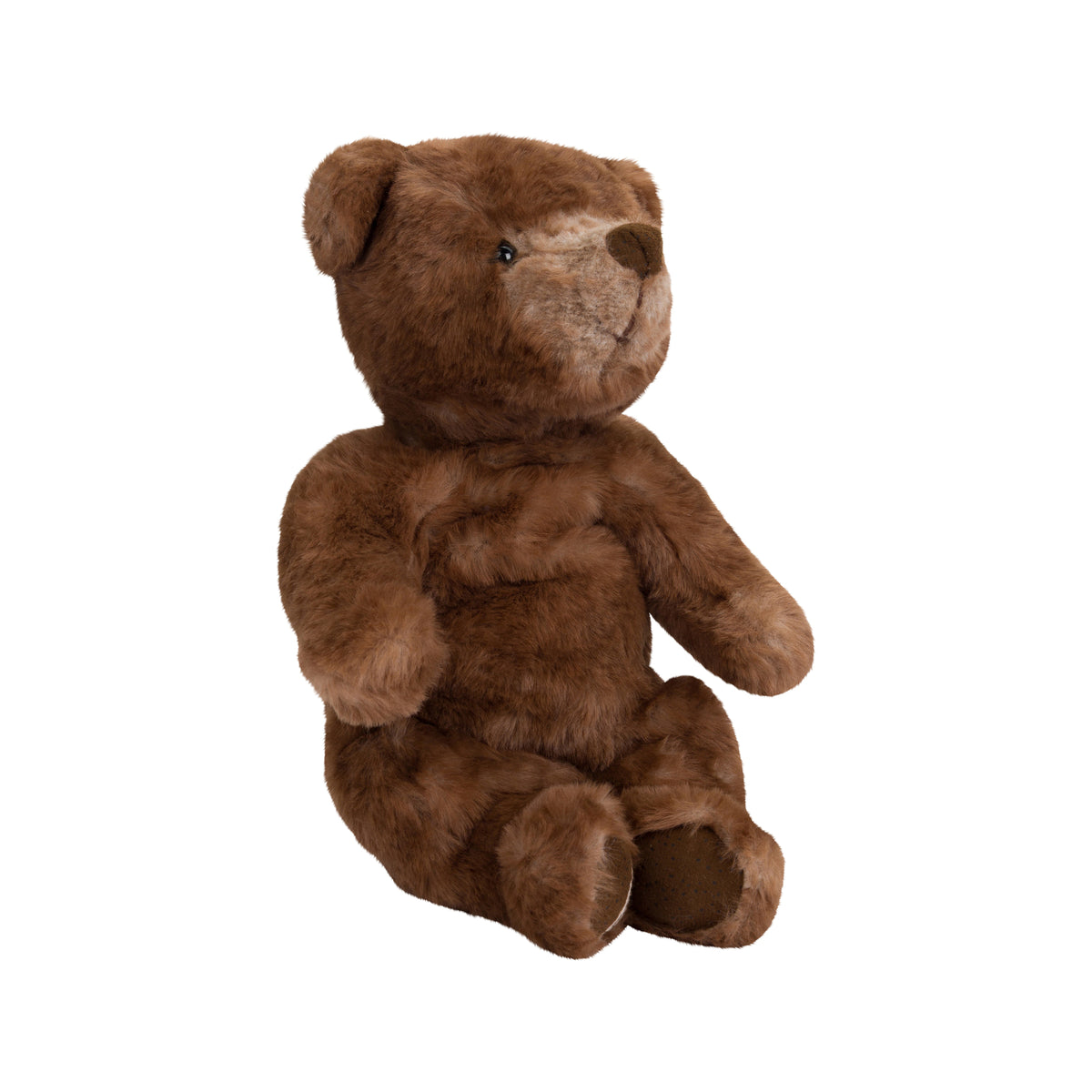 A classic brown plush teddy bear with a lighter cream-colored snout and inner ears, sitting upright against a solid white background.