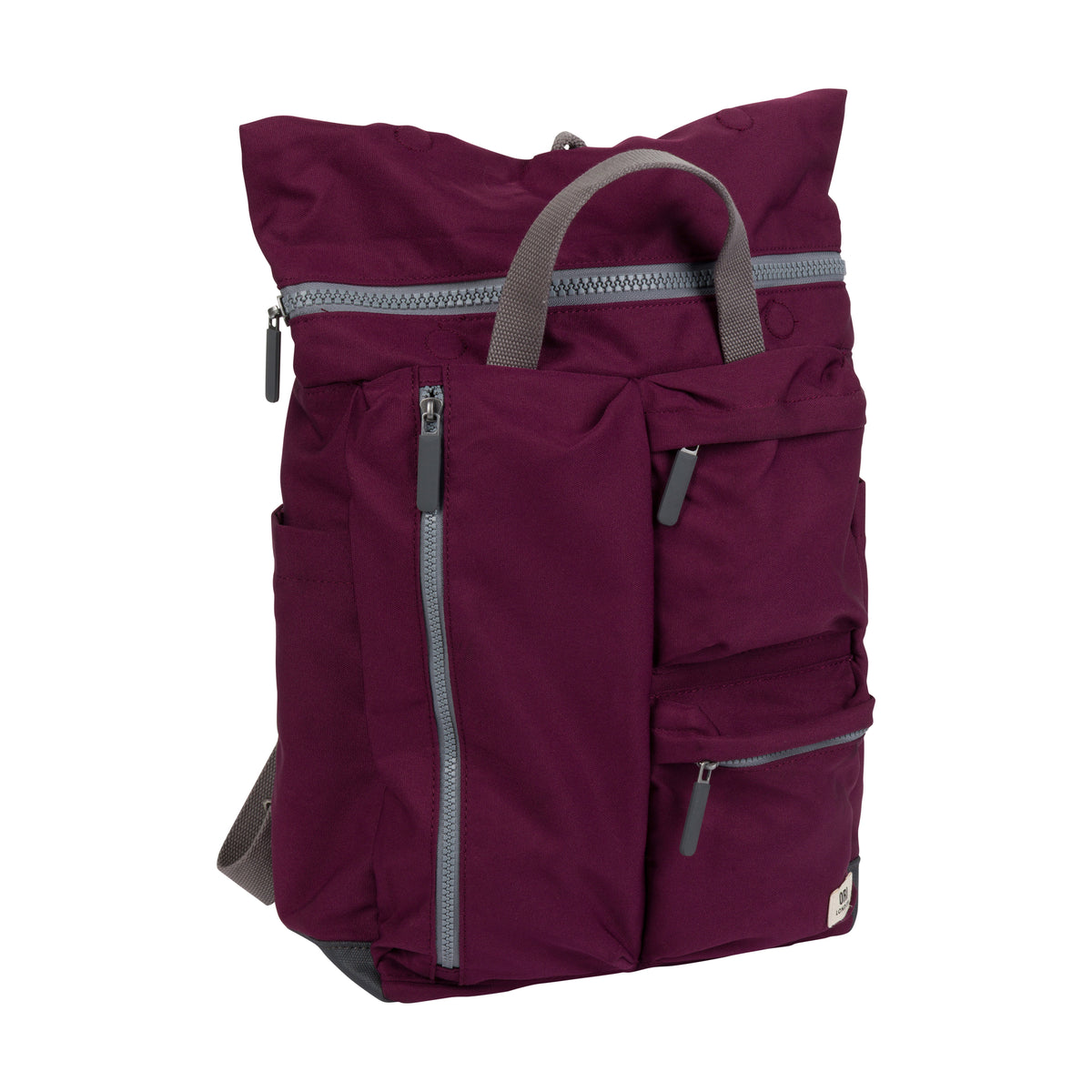 A burgundy roll-top backpack with gray zippers, top handles, and side straps, shown against a plain white background.