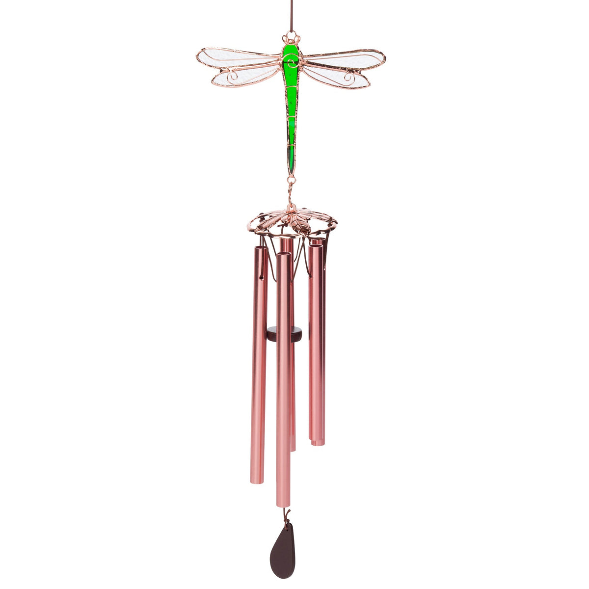 A hanging wind chime featuring a metallic rose gold dragonfly with a bright green body and clear wings, suspended above four matching rose gold wind chime tubes and a dark brown teardrop ornament.
