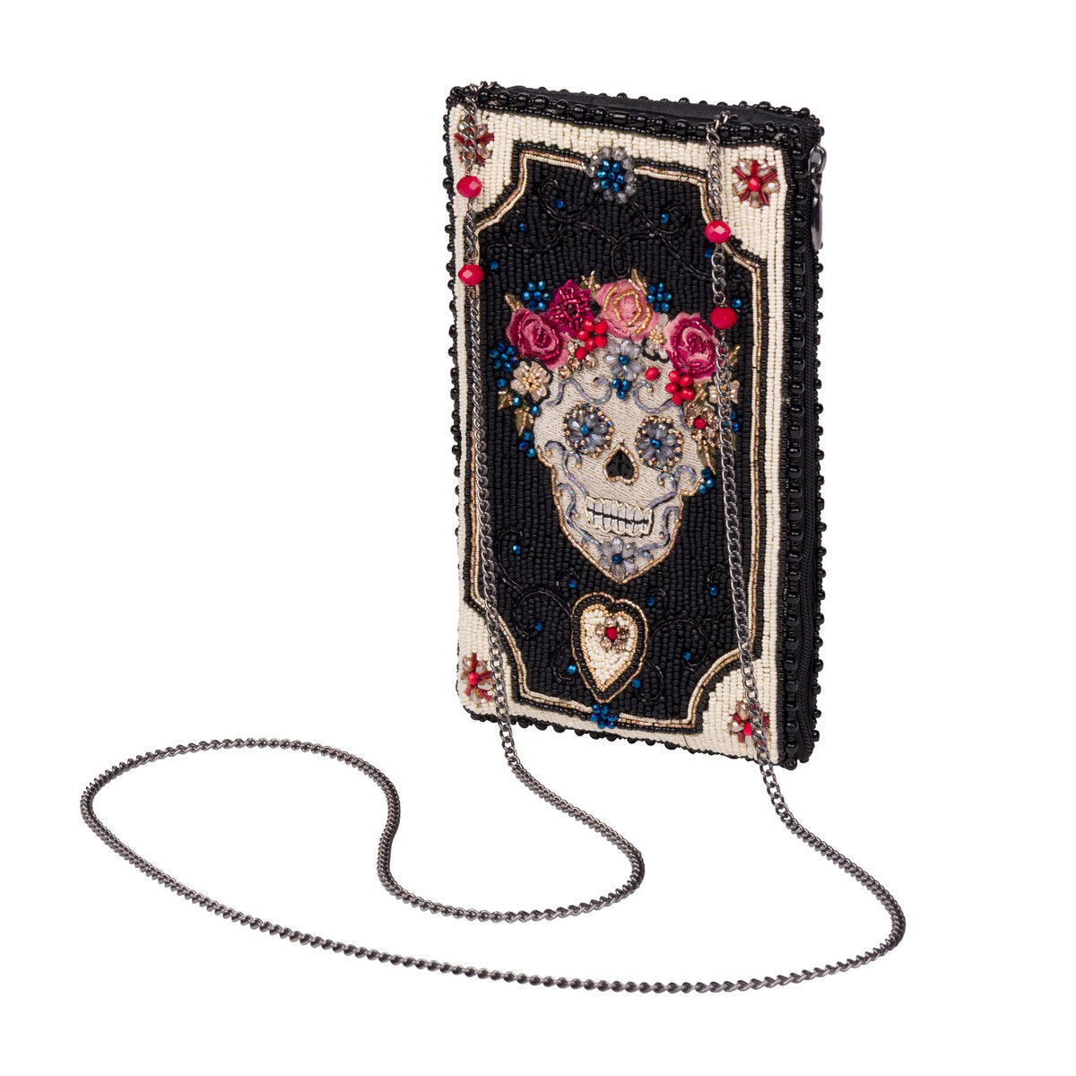A black beaded clutch purse featuring a sugar skull design with colorful flowers, a small heart emblem, and a silver-tone ball chain strap, shown against a plain white background.