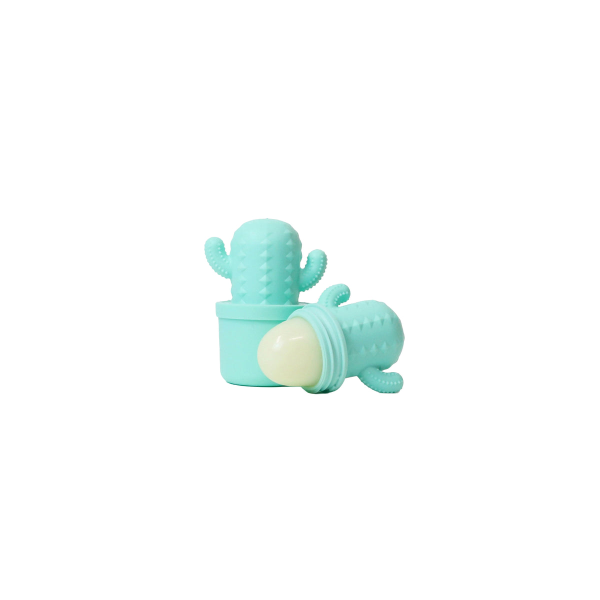 A mint green cactus-shaped lip balm container shown open with the balm visible, set against a plain white background.