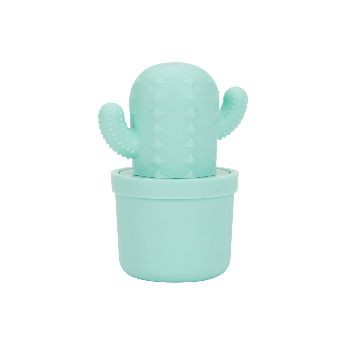 A mint green cactus-shaped lip balm container shown open with the balm visible, set against a plain white background.