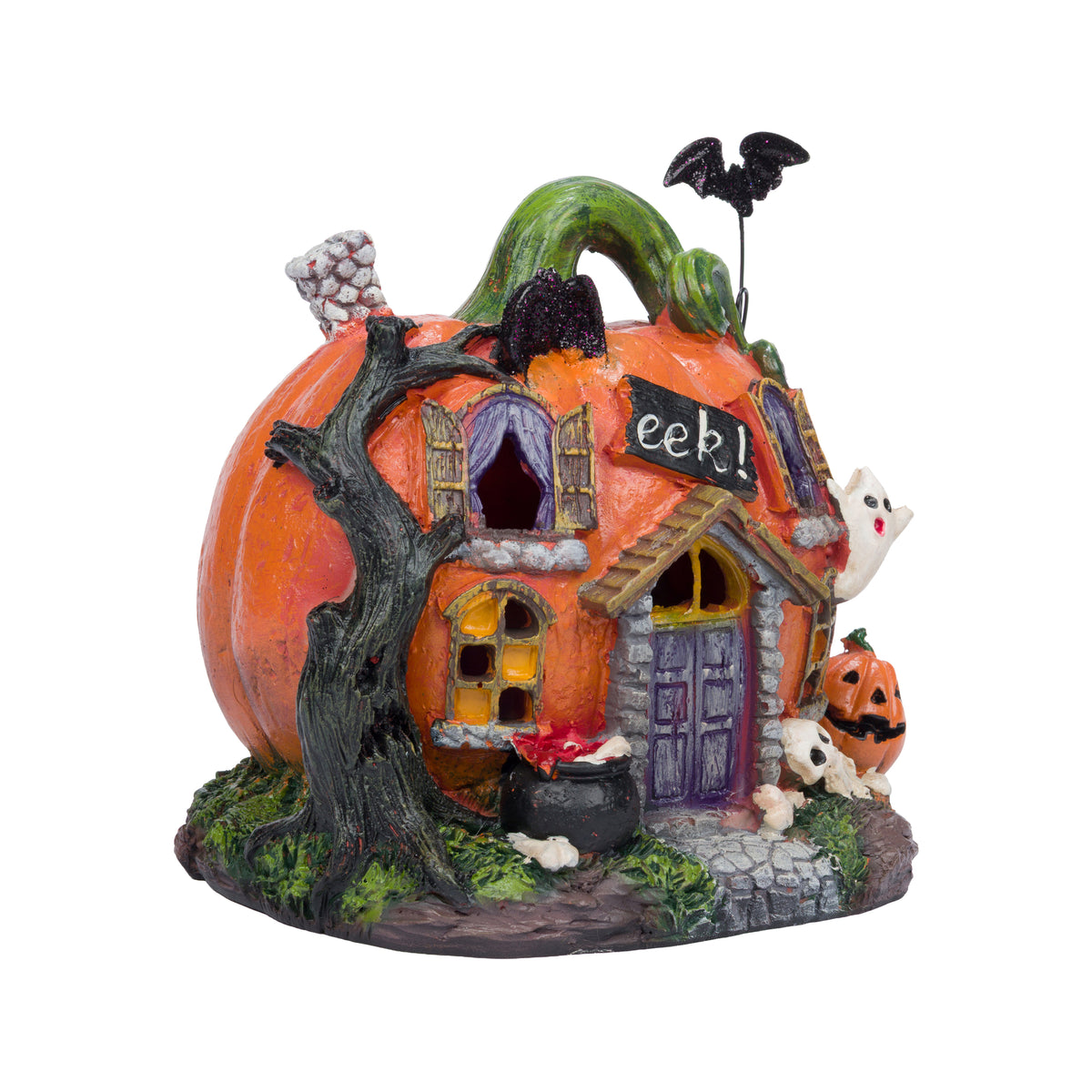 A Halloween-themed miniature pumpkin house figurine on a white background. The orange pumpkin-shaped house features a green stem, a purple door, a black cauldron, a small black bat, a white ghost, and a jack-o'-lantern pumpkin on the base.