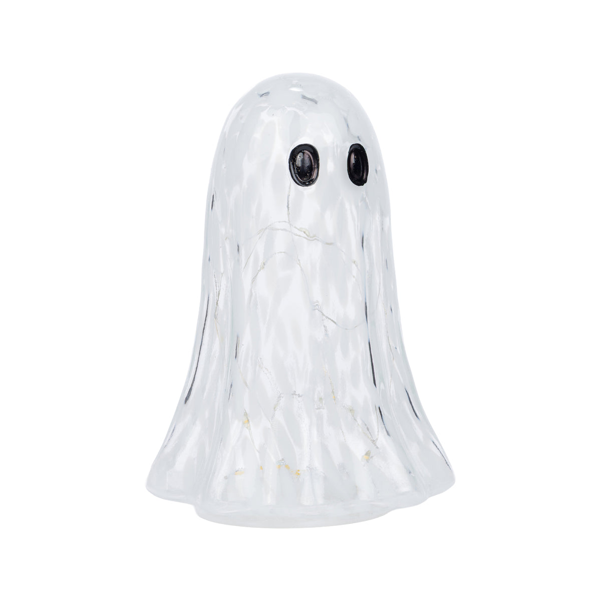A transparent ghost-shaped decorative object with black circular eyes and subtle gold marbling, shown against a plain white background.