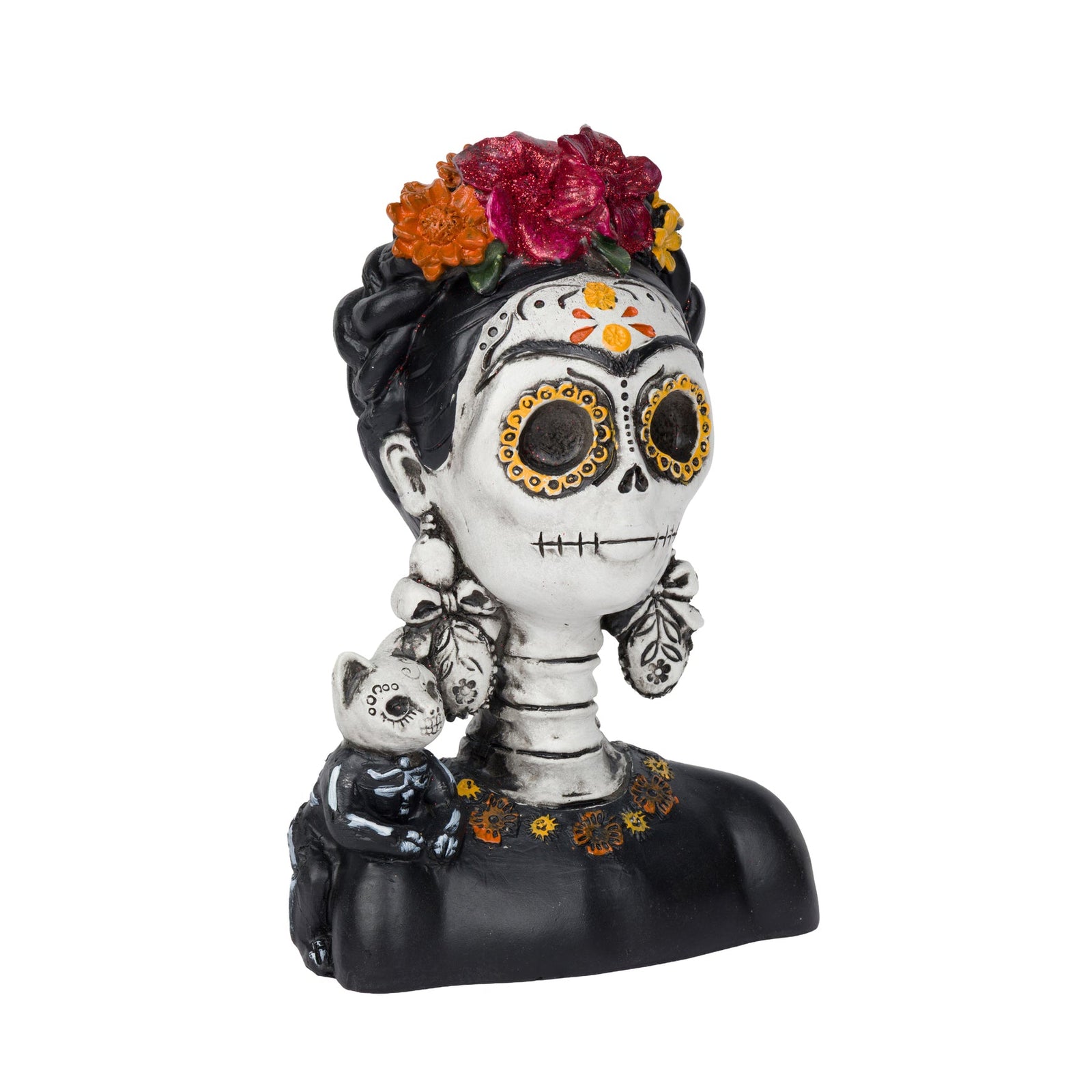 A Day of the Dead style bust sculpture of a woman with a black hairpiece, colorful red, orange, and yellow flowers, sugar skull makeup, large gold-rimmed eyes, dangling earrings, and a black dress with floral accents. A small black cat sits on her shoulder.