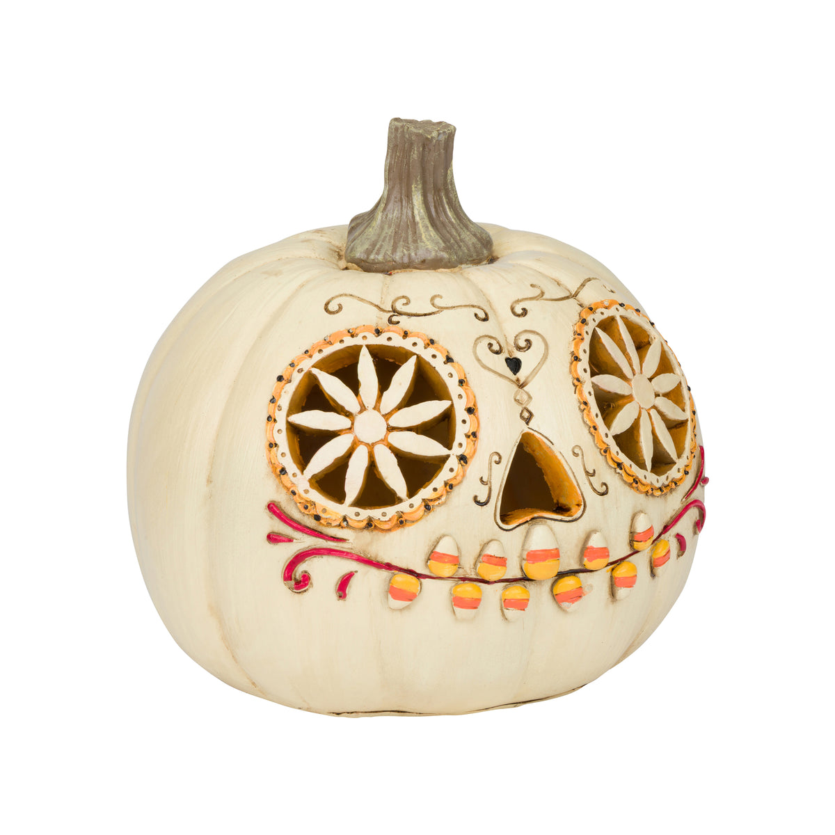 A decorative sugar skull pumpkin with carved eye sockets, a triangular nose opening, and candy corn teeth, shown on a plain white background.