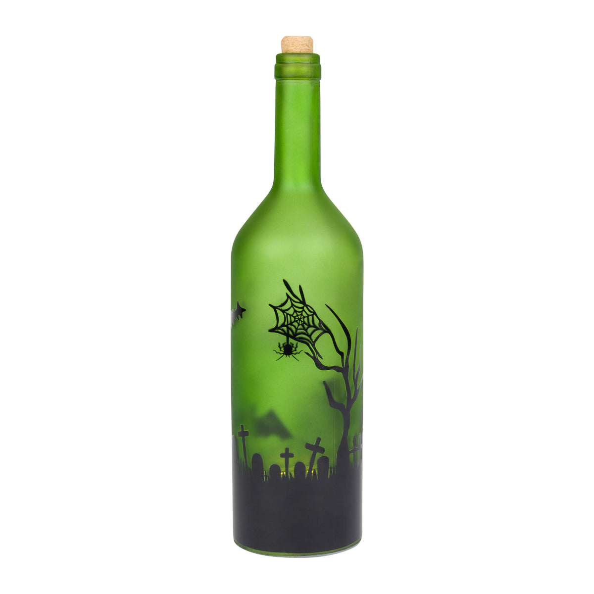 A green glass bottle with a cork stopper, decorated with a black Halloween design featuring a spiderweb, spider, and tombstone silhouette on a white background.