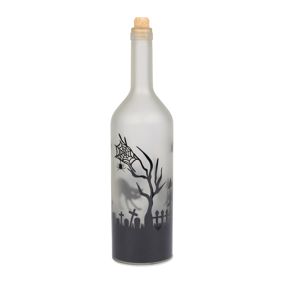 A frosted glass bottle with a cork stopper, featuring a black Halloween-themed graphic of a bare tree, spiderweb, graveyard, and moon on a white background.