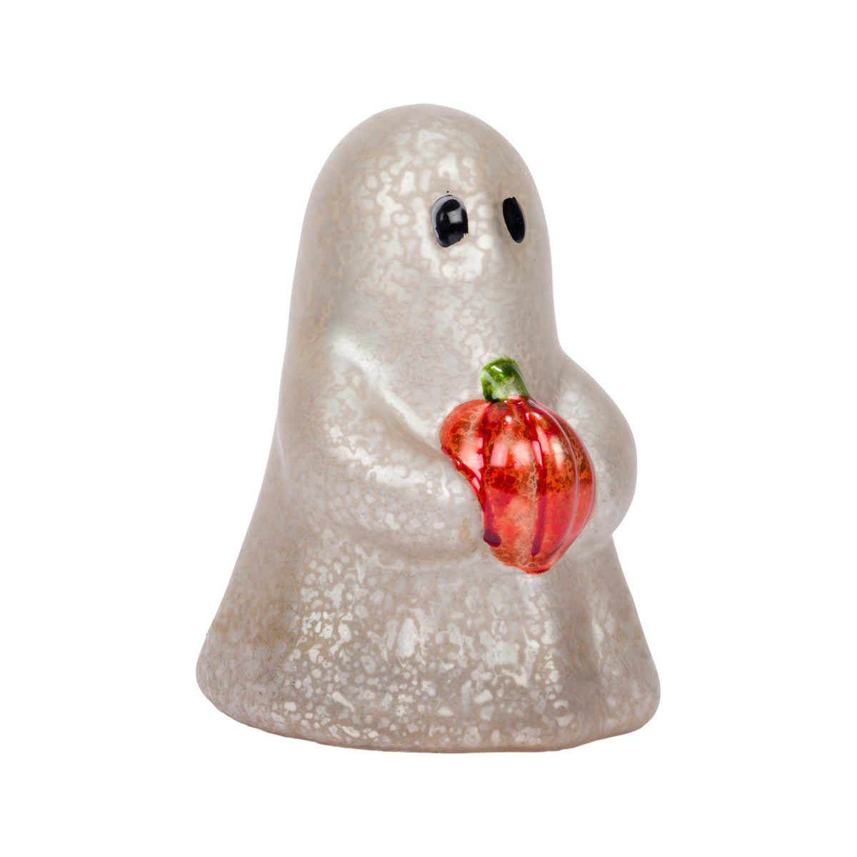 A small ghost-shaped decorative figurine in a textured off-white glaze, holding a red and orange striped glass pumpkin with a green stem, set against a plain white background.