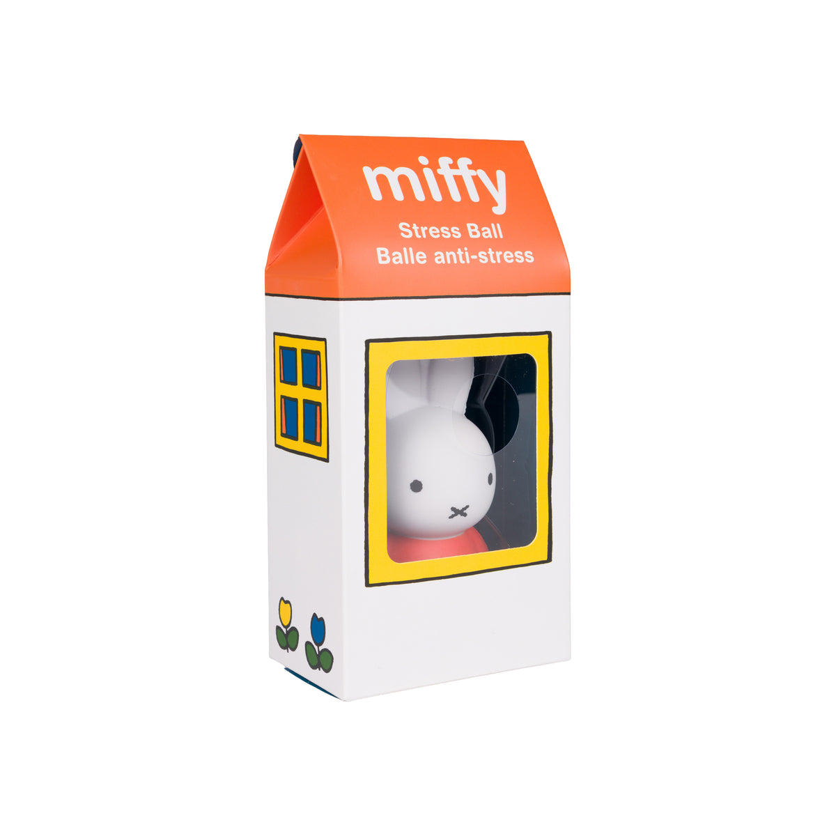 Miffy stress ball toy inside its original house-shaped packaging, featuring a white rabbit figure with black ears peeking out from a window cutout, with an orange top and yellow window frame.