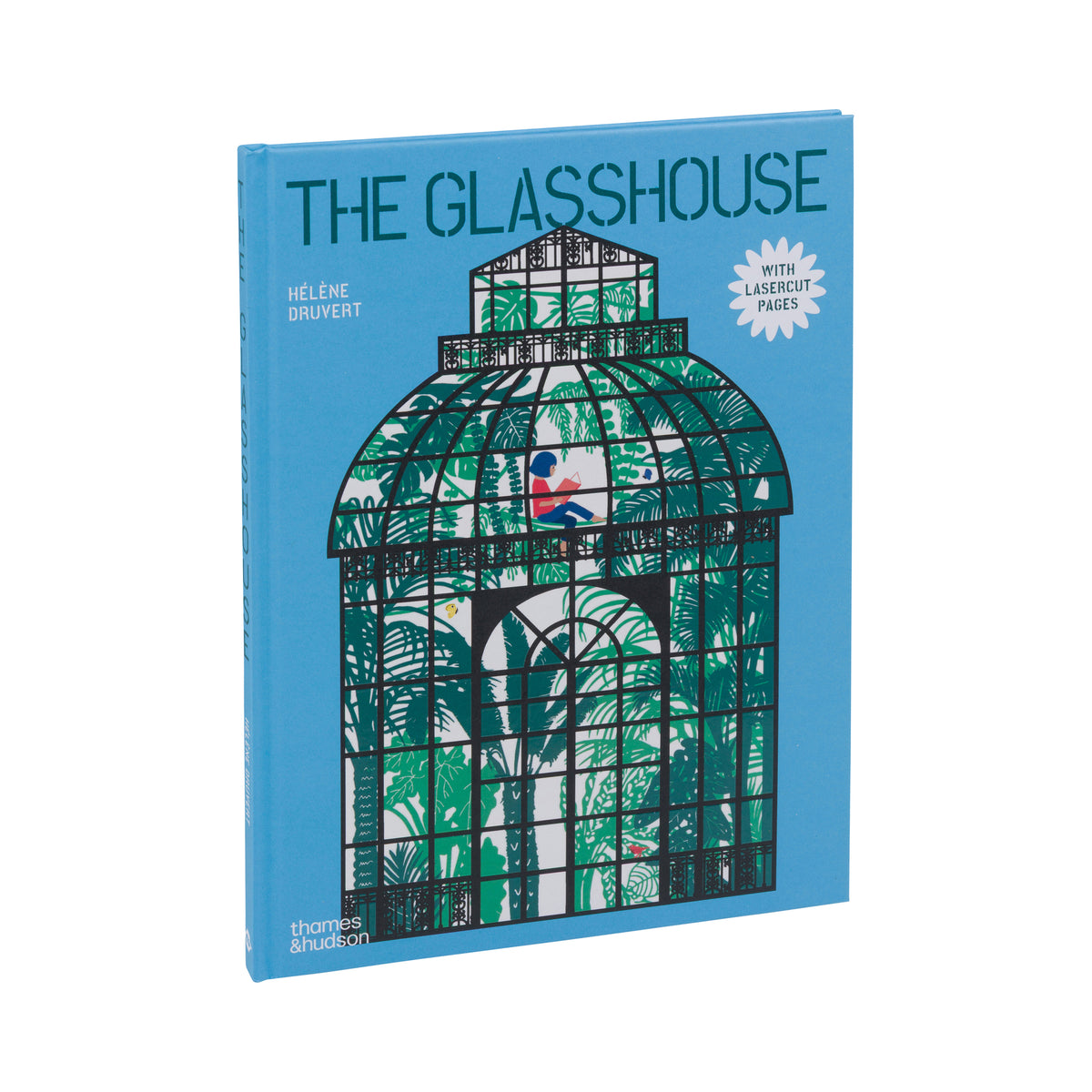 The Glasshouse book cover by Helène Drouvyert, published by Thames & Hudson. The cover features a light blue background with a detailed illustration of a glass conservatory filled with green tropical leaves.