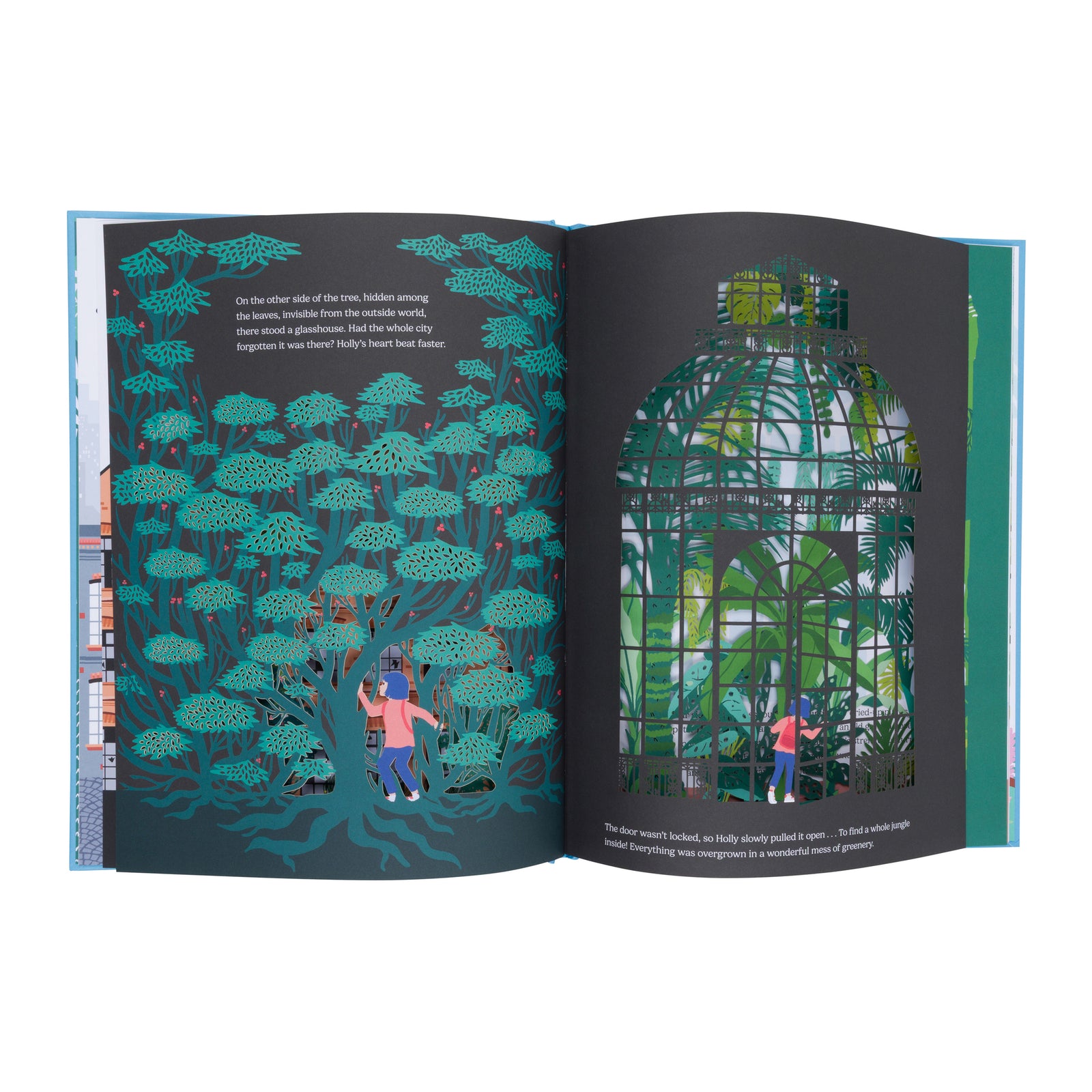 The Glasshouse book cover by Helène Drouvyert, published by Thames & Hudson. The cover features a light blue background with a detailed illustration of a glass conservatory filled with green tropical leaves.