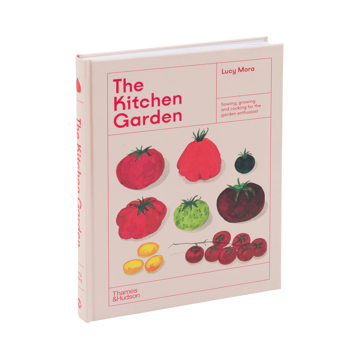 Book cover of The Kitchen Garden by Lucy Mara with illustrations of fruits and vegetables on the cover, on a white background.