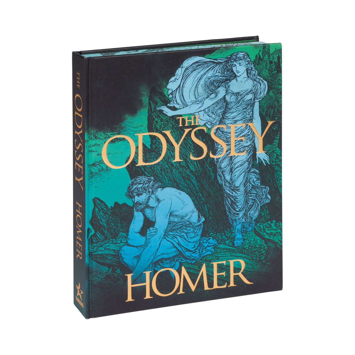 A hardcover book of 'The Odyssey' by Homer, featuring a dark teal and black cover with gold lettering and classical illustrations of Odysseus and Penelope, shown on a plain white background.