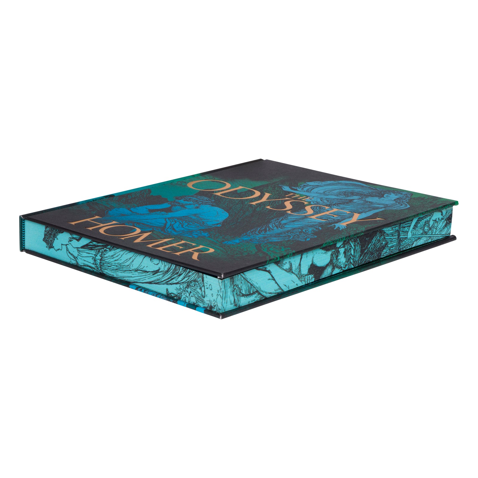 A hardcover book of 'The Odyssey' by Homer, featuring a dark teal and black cover with gold lettering and classical illustrations of Odysseus and Penelope, shown on a plain white background.