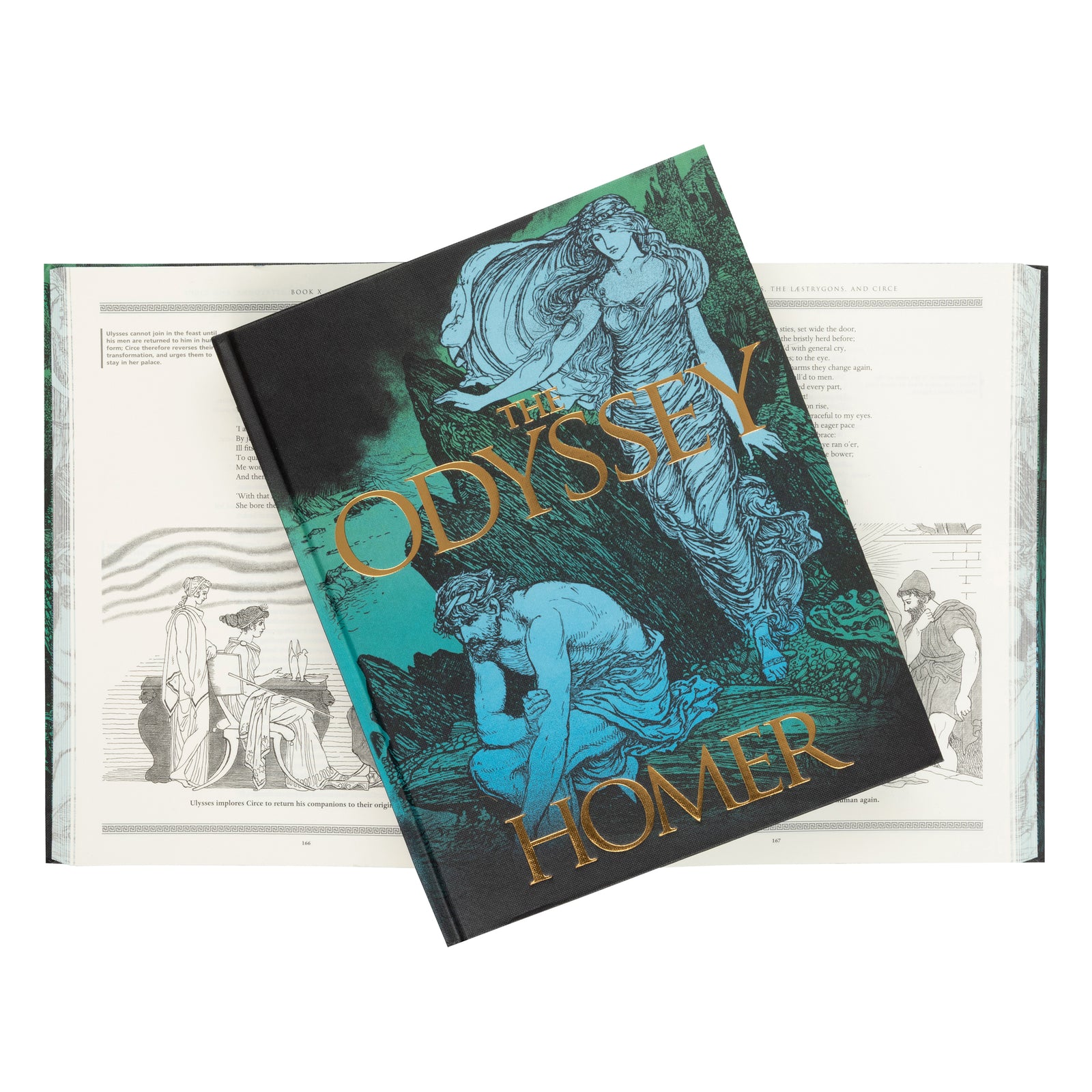 A hardcover book of 'The Odyssey' by Homer, featuring a dark teal and black cover with gold lettering and classical illustrations of Odysseus and Penelope, shown on a plain white background.