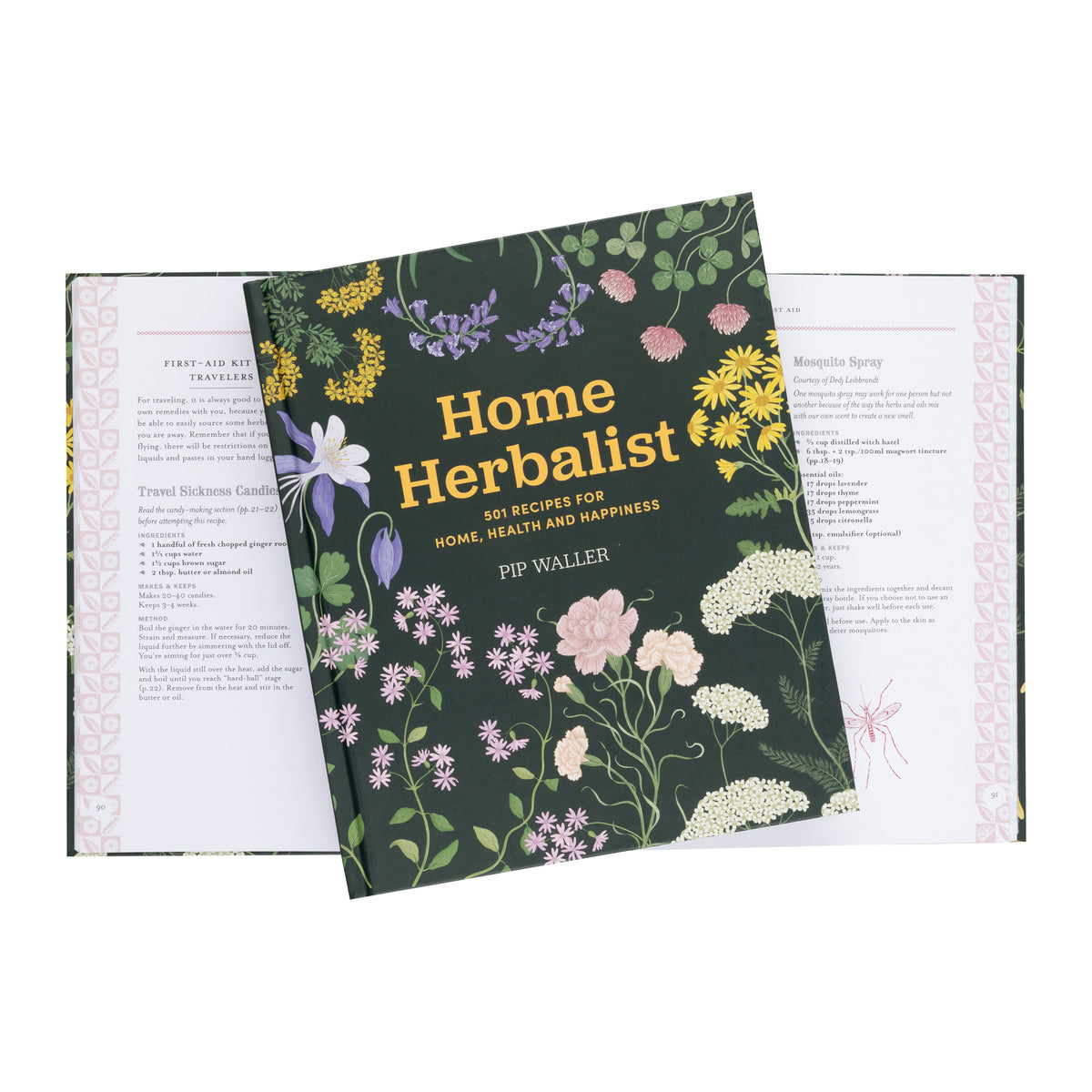 The book 'Home Herbalist' by Pip Waller is displayed open, with its dark green floral-patterned hardcover book resting on top. The cover features yellow text and illustrations of various wildflowers.