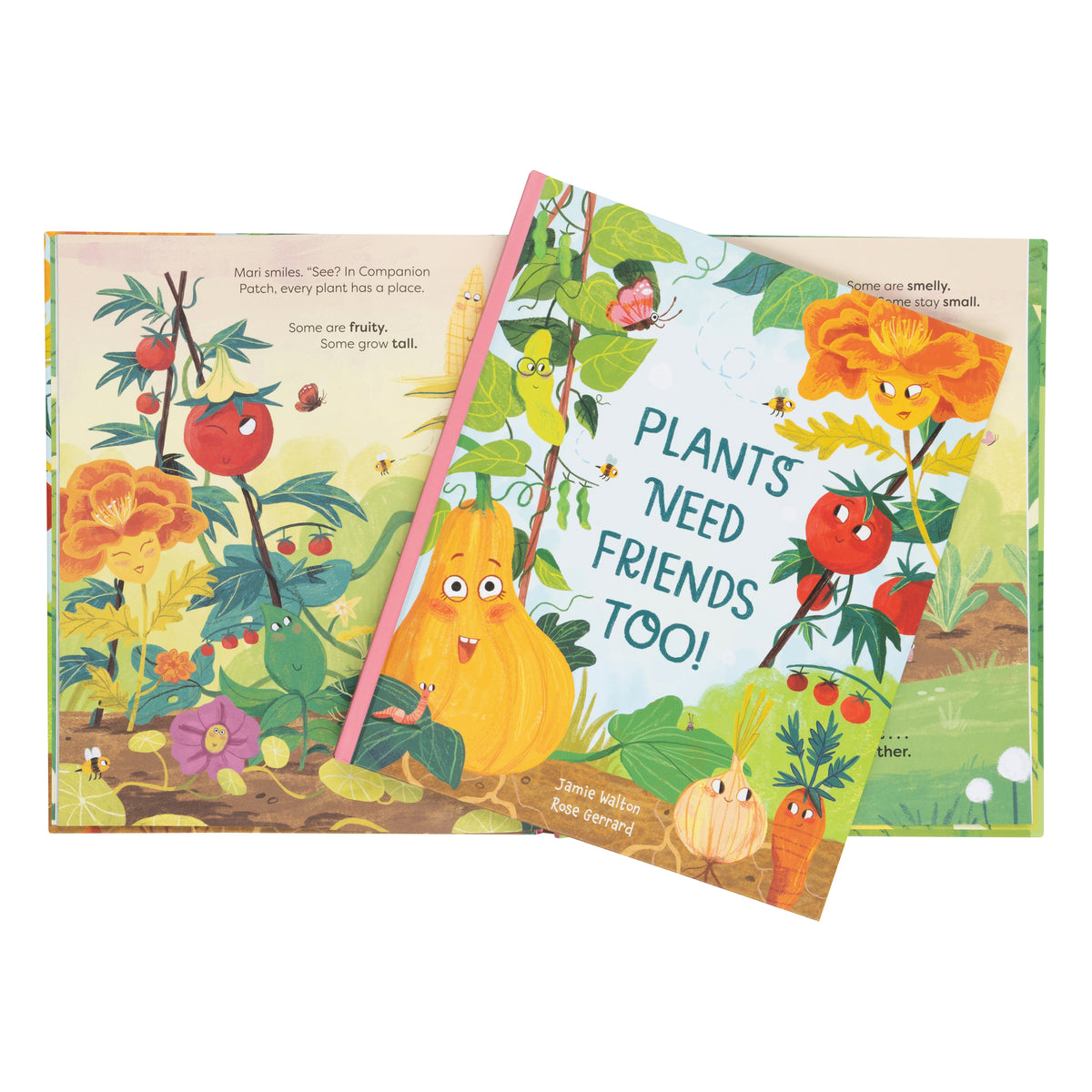A children's picture book titled "Plants Need Friends Too!" shown open with a matching bookmark or second page leaning against it. The cover and interior pages feature colorful cartoon-style illustrations of smiling vegetables, flowers, leaves, and small animals on a bright illustrated garden background.